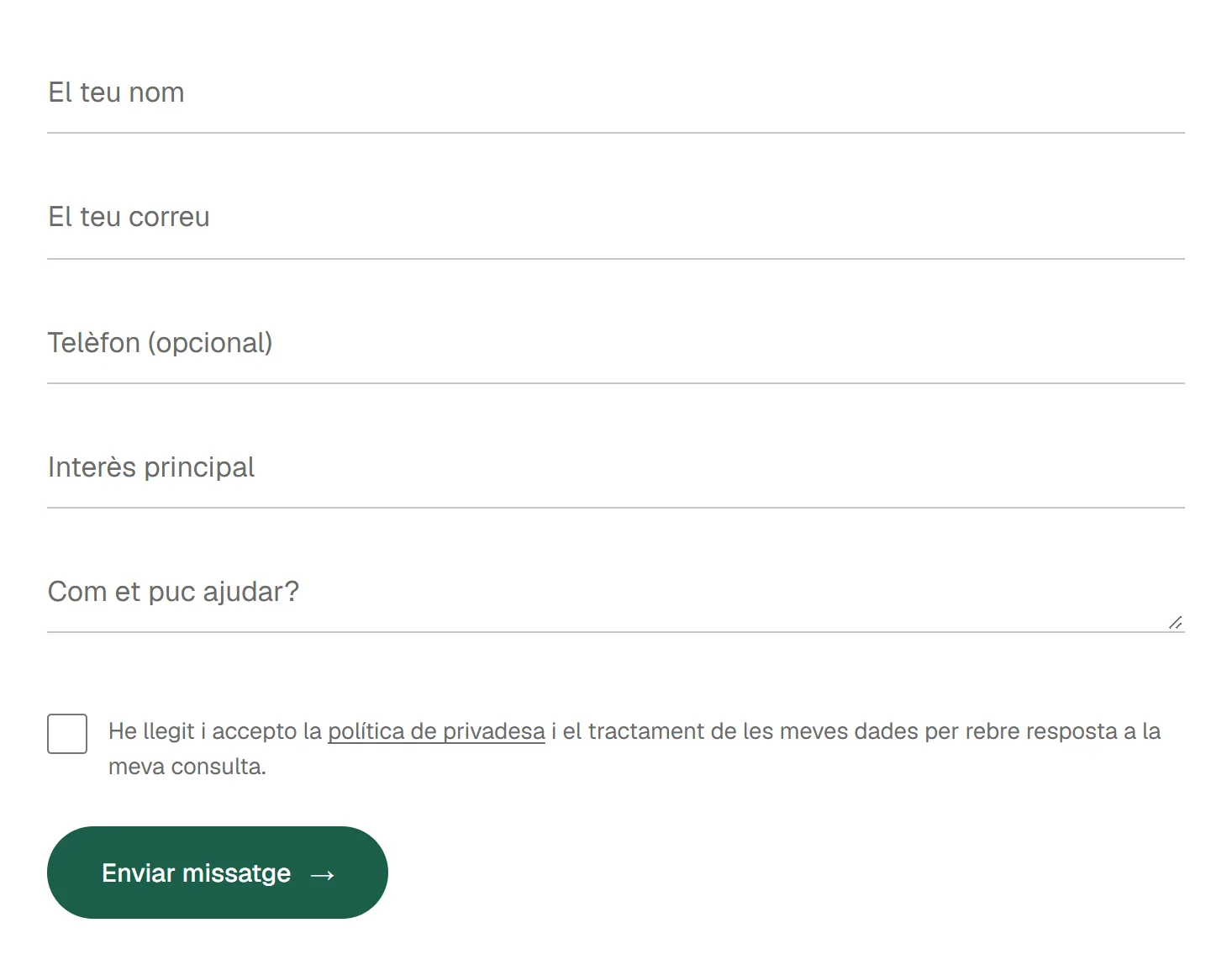 El formulario de contacto: nombre, correo, teléfono opcional, interés y mensaje