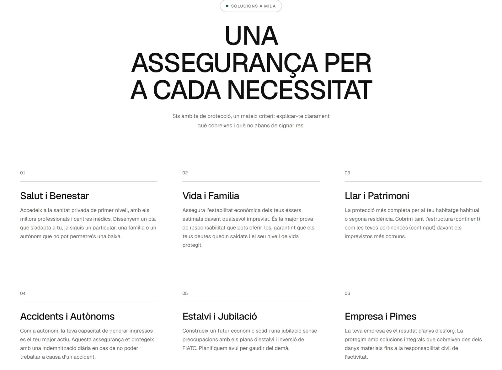 Los seis seguros, cada uno con su página: salud, vida, hogar, autónomos, ahorro y empresa