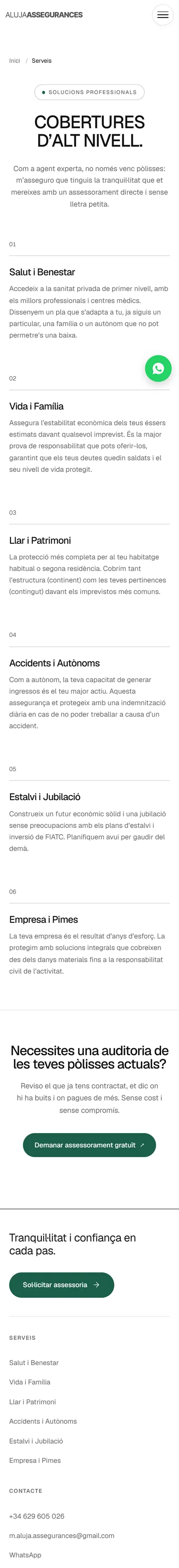 La página de servicios en un móvil