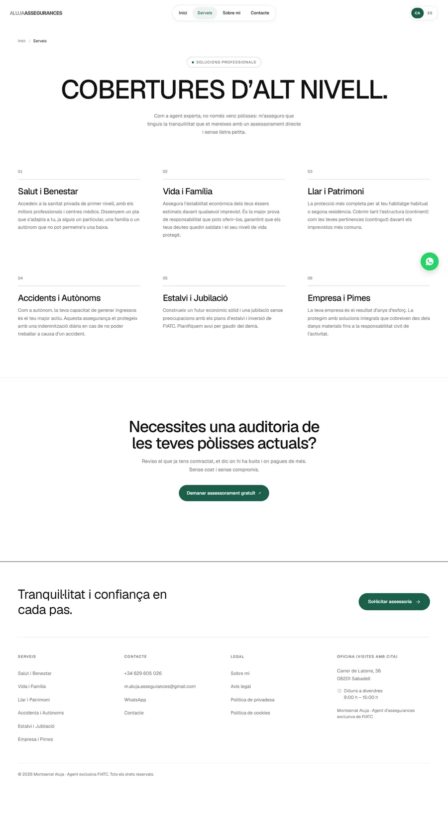 La página de servicios completa, en escritorio