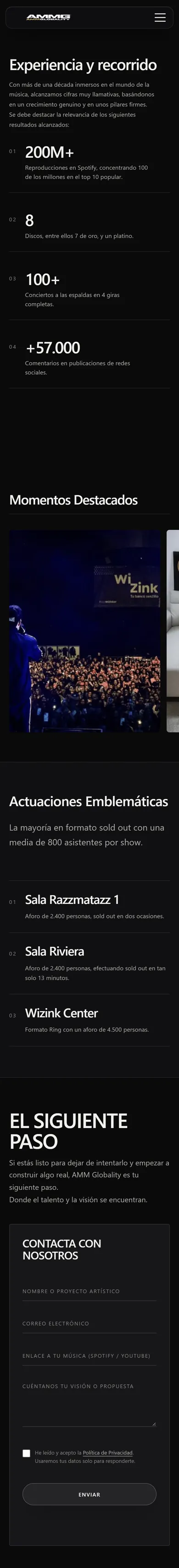 La página de experiencia y recorrido en un móvil