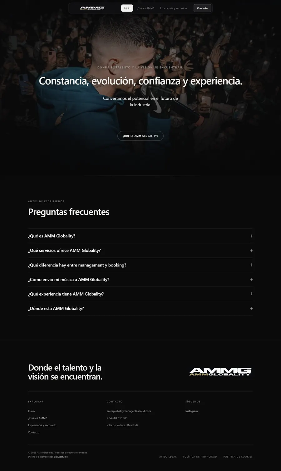La página de inicio completa, en escritorio