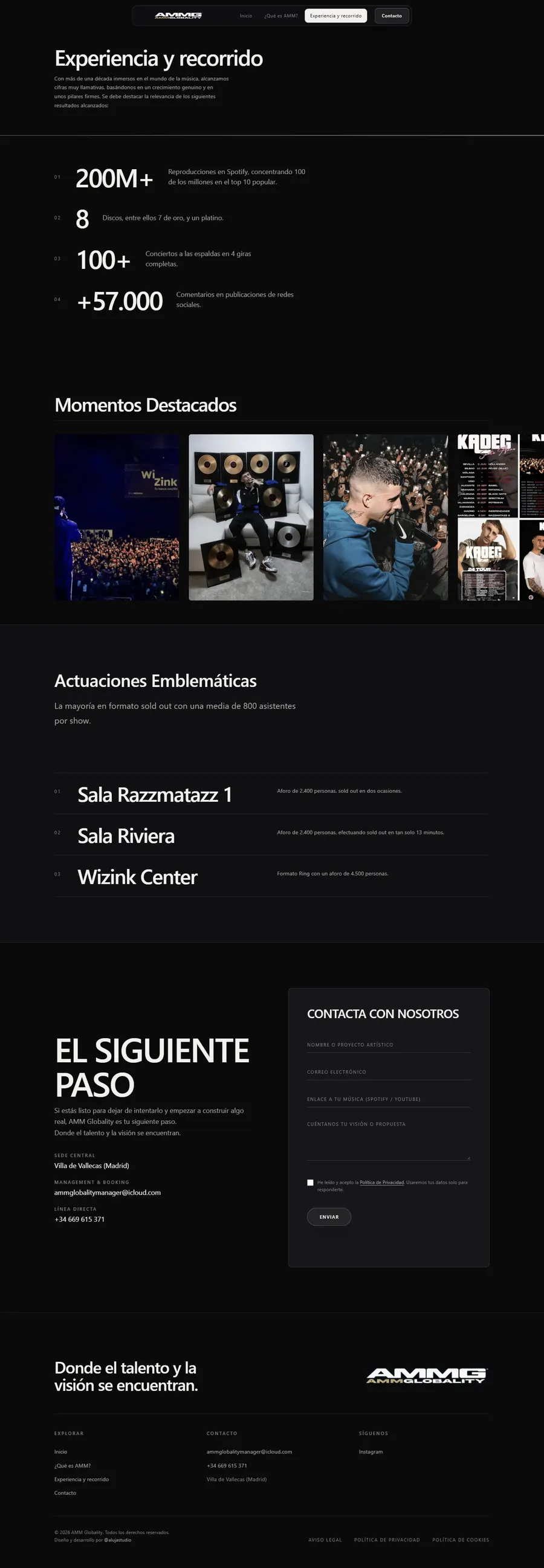 La página de experiencia y recorrido completa, en escritorio