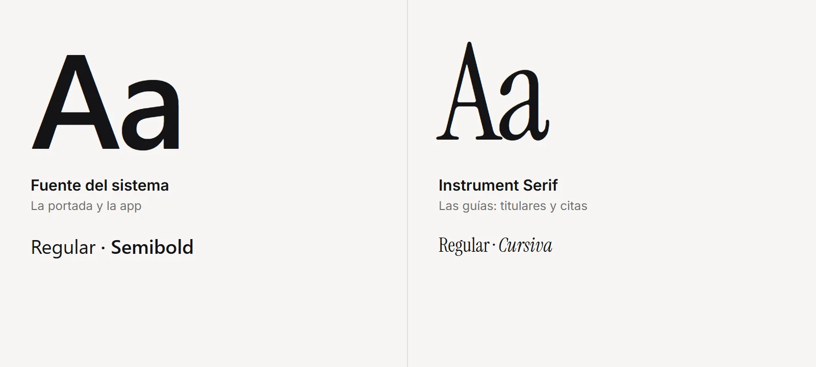 Muestras de la fuente del sistema y de Instrument Serif