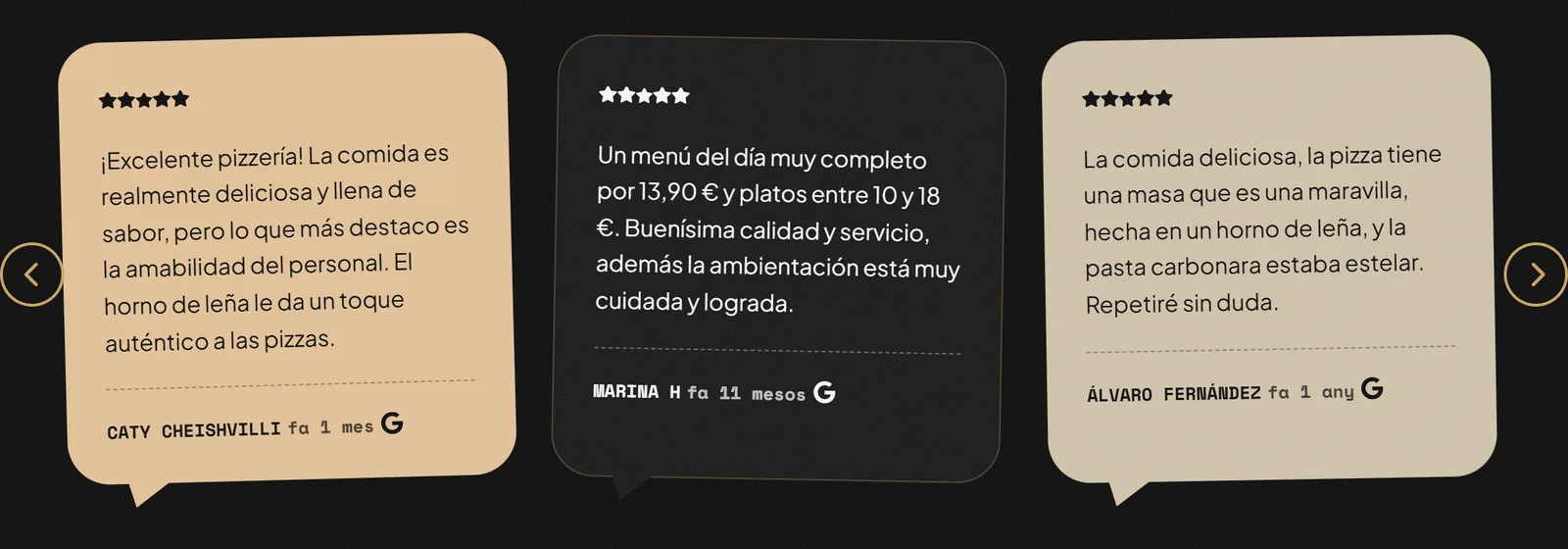 Tres reseñas de Google en globos de diálogo, con su fecha