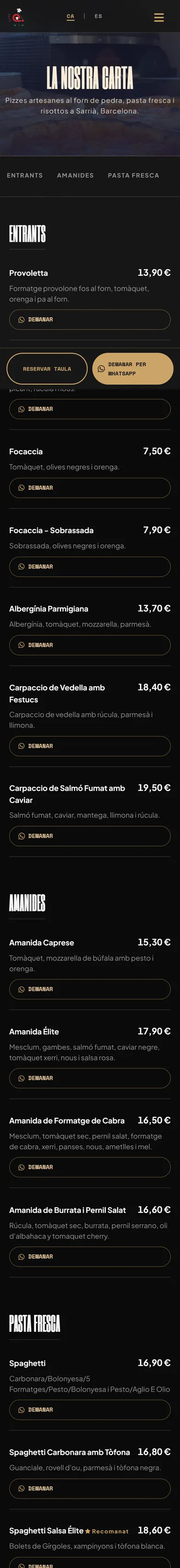 La página de la carta en un móvil