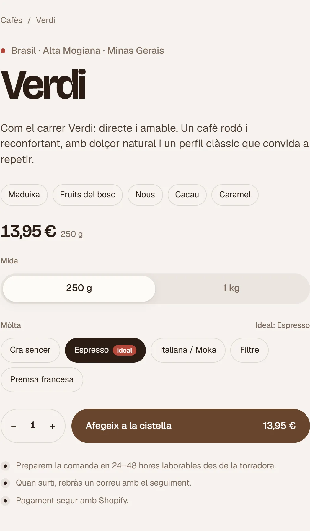 La compra de Verdi: tamaño, molido con el ideal marcado y la cesta