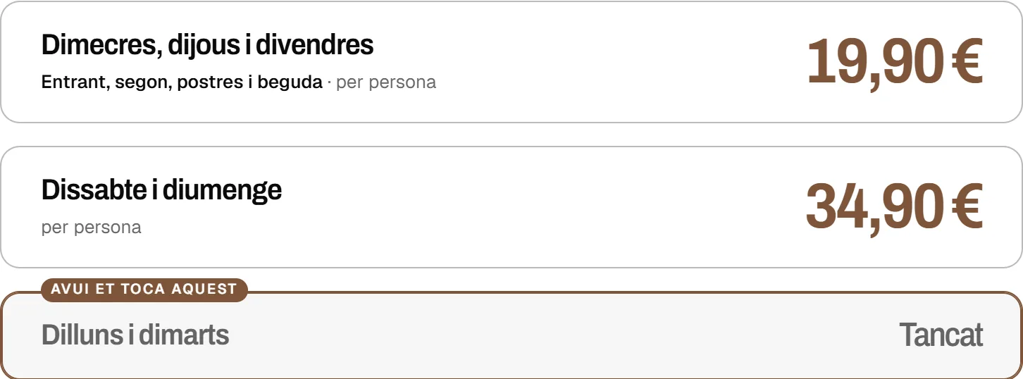 Los dos menús con su precio y la etiqueta Avui et toca aquest sobre el de hoy