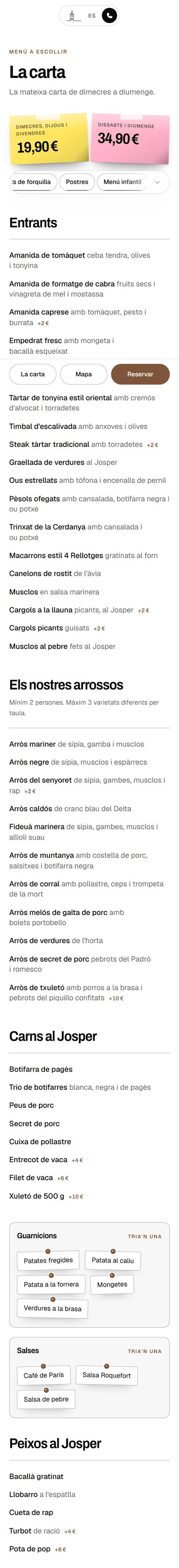 La página de la carta en un móvil