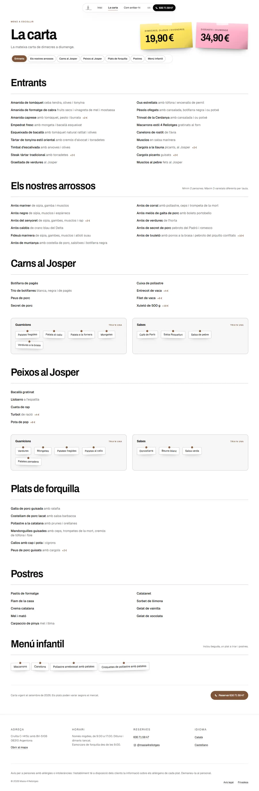 La página de la carta completa, en escritorio