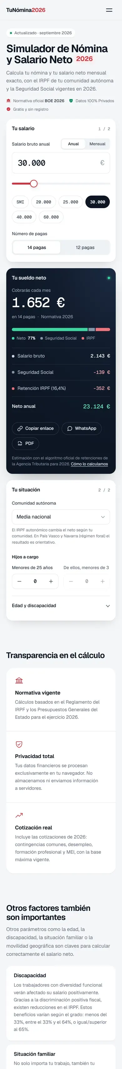 La página de inicio en un móvil