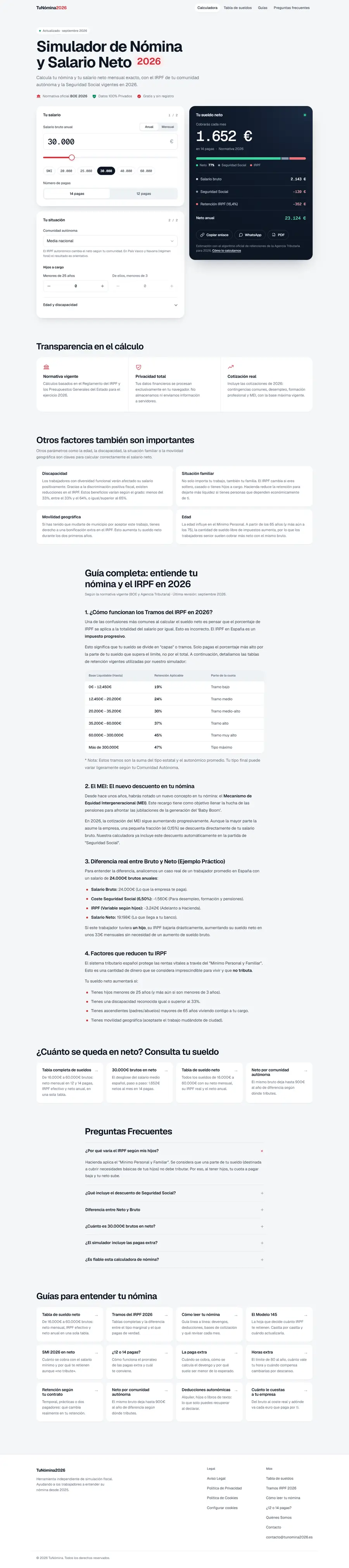 La página de inicio completa, en escritorio
